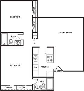 A Two Bedroom Two Bath unit with 2 Bedrooms and 2 Bathrooms with area of 894 sq. ft