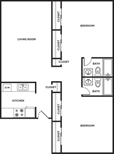 A Two Bedroom Two Bath unit with 2 Bedrooms and 2 Bathrooms with area of 944 sq. ft